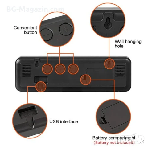 Голям модерен дигитален часовник с термометър и влагомер за бюро или стена голям дисплей влага, снимка 8 - Други - 51038268