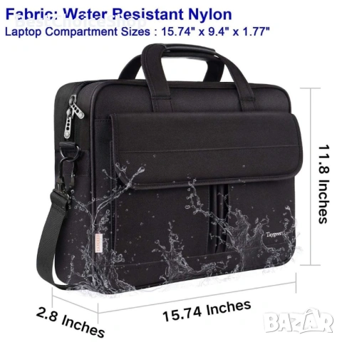 Чанта за лаптоп Taygeer 15,6", черна, премиум материал, водоустойчива, с презрамка и органайзер, снимка 8 - Чанти - 53255746
