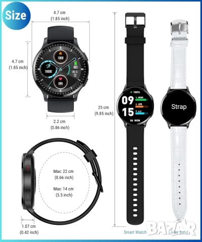Смарт часовник с 1.5" HD дисплей, Bluetooth разговори, кожена каишка и IP68 защита, снимка 12 - Смарт гривни - 52573860
