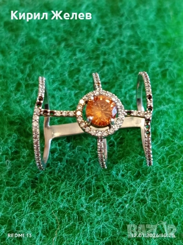 Уникален триредов сребърен пръстен украсен с кристали и Сапфир Арт бижу 51988