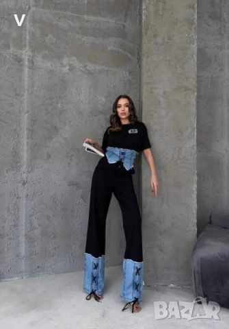 Нов модерен дамски дънков комплект костюм топ корсет широк панталон дънки висока талия , снимка 2 - Комплекти - 45710200