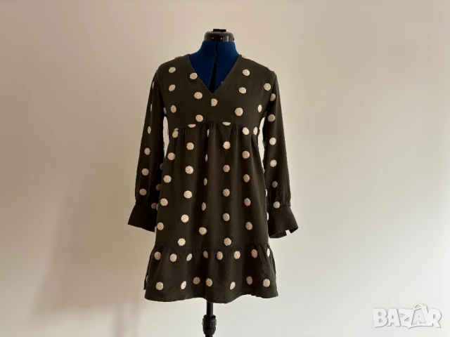 Зелена рокля с мъхеста точкова шарка, размер S/M, снимка 2 - Рокли - 51096456