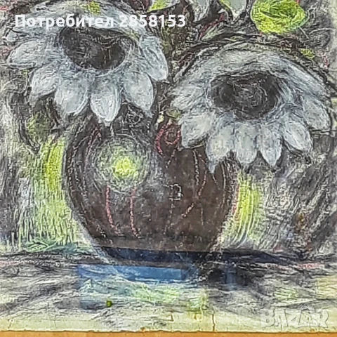 Стара картина натюрморт,слънчогледи,пастел върху картон, снимка 2 - Антикварни и старинни предмети - 50732855