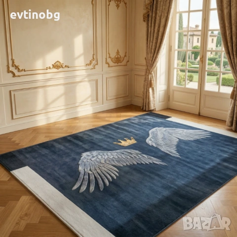 Модерен килим за хол 120х160см - Тъмносин с крила и корона и 3D ефект, Противоплъзгащ, снимка 2 - Други - 53876639