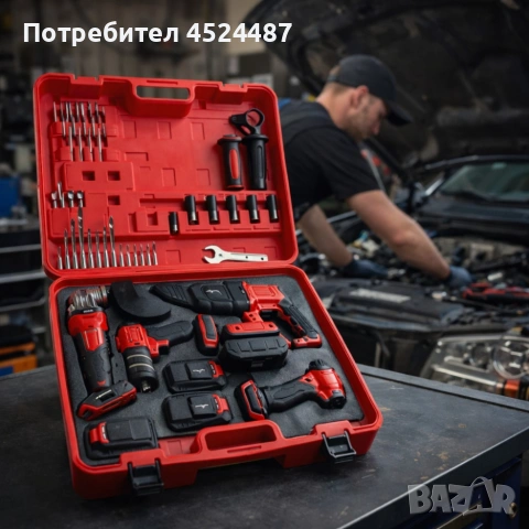 Комплект 4 в 1 акумулаторен перфоратор, гайковерт, винтоверт и ъглошлайф 36V 8A 