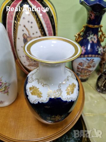Рядка уникална антикварна колекционерска порцеланова немска ваза кобалт с позлата Reichenbach, снимка 3 - Вази - 45713468