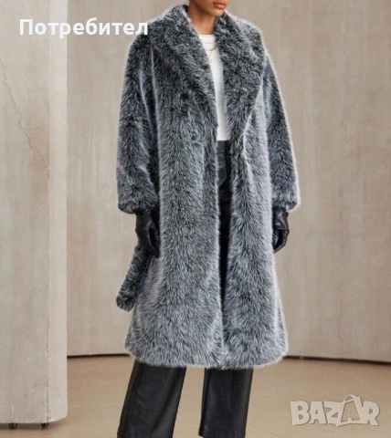 Двуцветно дълго палто от изкуствен косъм, снимка 3 - Палта, манта - 54137797