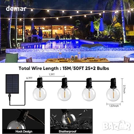 Aiyclan външни соларни лампи 15M 25+2 LED, G40 пластмасови нечупливи крушки, за декорация на градина, снимка 3 - Соларни лампи - 45633175