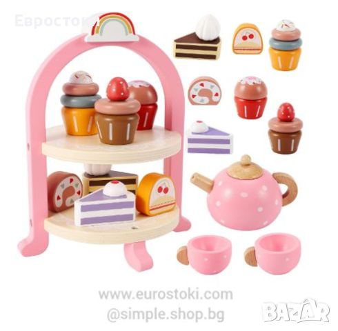 Комплект дървени играчки за сервиране на чай, детски игрален комплект за чай с десерти