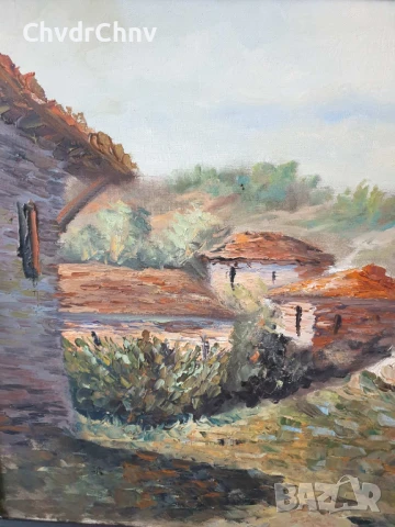 150х89см/стара голяма картина масло върху платно/испанско село-каменни къщи/барокова дървена рамка, снимка 2 - Картини - 50978446