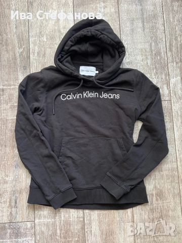 Мъжки черен памучен ватиран оригинален суичър суитшърт черен Calvin Klein качулка  памук памучен