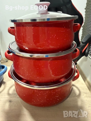 ПРОМО!! Комплект от 3 броя Емайлирани Тенджери + Стъклени Капаци, снимка 3 - Съдове за готвене - 53743726