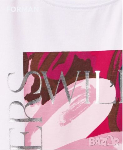 УНИКАЛНА тъничка и лека бяла блуза с розово-червена-сребриста щампа, снимка 2 - Тениски - 45535911
