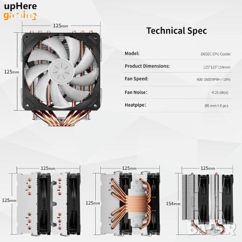 upHere gaming ARGB високоефективен въздушен охладител за процесор, двоен 120 mm PWM вентилатор, снимка 7 - Други - 45510307