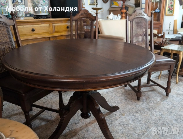 Кръгла дъбова маса + 4 стола, снимка 7 - Маси - 53722188