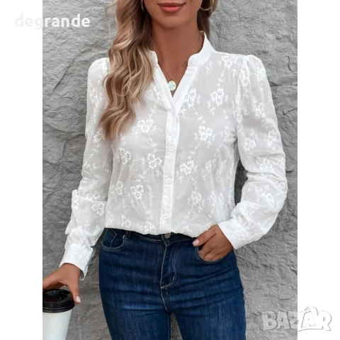 Памучна риза с висока яка и копчета , снимка 4 - Ризи - 51466429