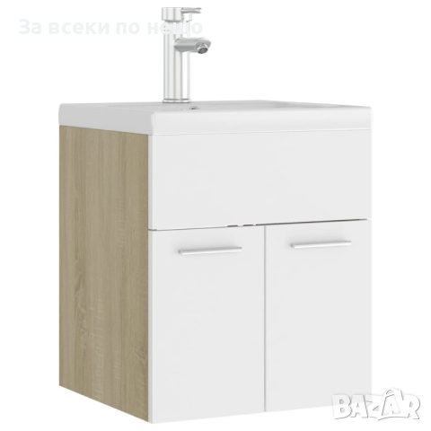 Шкаф за баня с вградена мивка, бяло и дъб сонома, ПДЧ