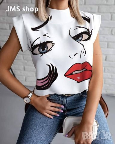 Дамска блуза с къс ръкав и щампа на модно човешко лице, 8цвята , снимка 3 - Тениски - 45715952