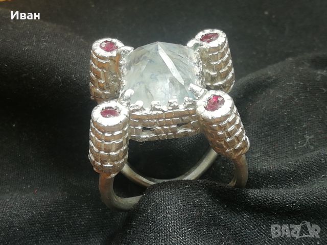 Сребърен пръстен със Сапфир и Рубини , снимка 4 - Пръстени - 45836746