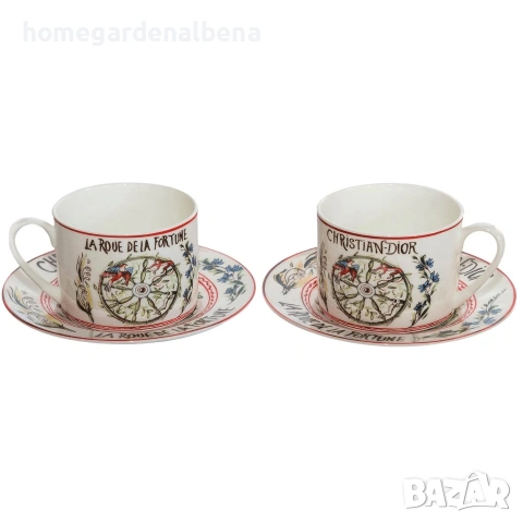 Комплект 2 порцеланови чаши с чинийки „La Roue de la Fortune" – Луксозен подарък, снимка 2 - Сервизи - 54060054