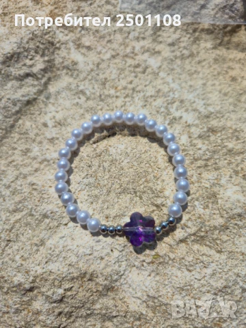 Перлена гривна с лилаво цвете, снимка 2 - Гривни - 50875114