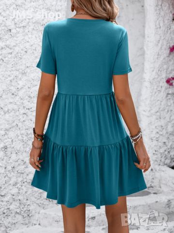 Дамска ежедневна едноцветна рокля с обло деколте и плисирани къси ръкави, 5цвята , снимка 7 - Рокли - 45435491