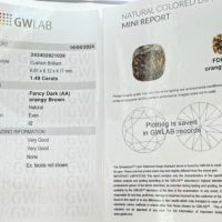 Естествен инвестиционен диамант 1.49ct. - I2/ тъмно оранжево кафяв GWLAB Сертификат, снимка 3 - Други - 45888782
