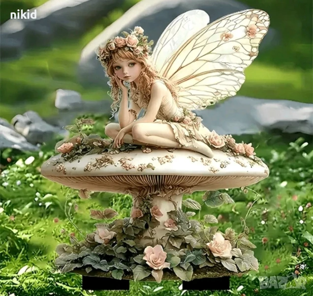 2D Акрилен топер Момиче момиченце ангел фея на гъба на стойка основа украса декор статуетка, снимка 1