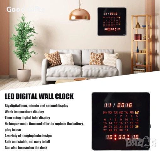 Голям Дигитален LED Часовник с Календар и Термометър – Елегантност и Точност, снимка 2 - Друга електроника - 53833088