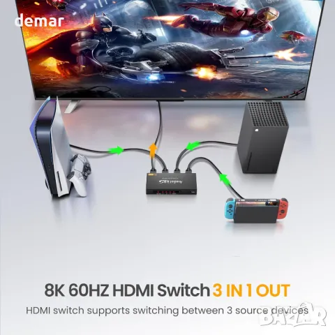 avedio links 3 порта HDMI превключвател 3 входа - 1 изход 8K@60Hz 4K@120Hz, с дистанционно, снимка 2 - Друга електроника - 46981286