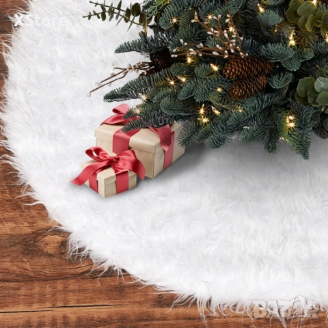 Бяла кръгла плюшена подложка за коледно дърво,елегантна украса за празничния декор., снимка 4 - Декорация за дома - 52441531