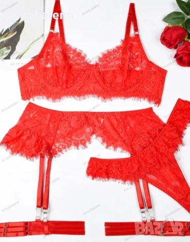 Дамски комплект бельо от четири части с дантелени тиранти, 3цвята , снимка 8 - Бельо - 41498826