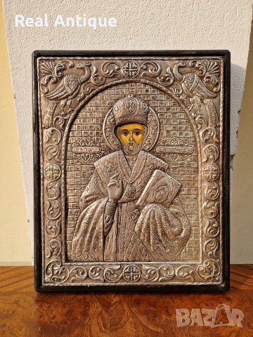 Прекрасна антикварна сребърна икона Свети Никола сертификат , снимка 2 - Антикварни и старинни предмети - 52648422