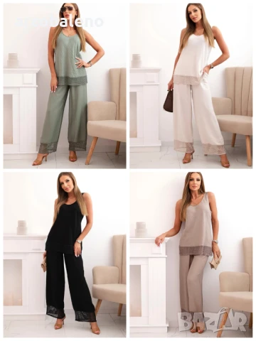 Дамски комплект от вискоза с топ с широки презрамки и широк панталон, 4цвята 