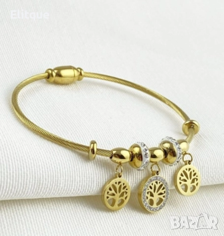 Дамска твърда гривна от медицинска стомана с висулки Дървото на живота и елементи с камъни цирконии, снимка 2 - Гривни - 52895159