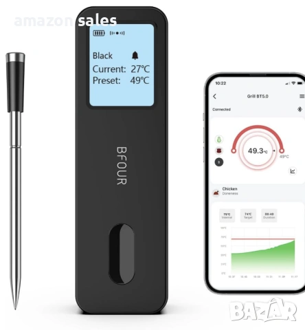 Безжичен Smart термометър за месо BFOUR BF-30 с голям LCD дисплей,100 м безжично управление