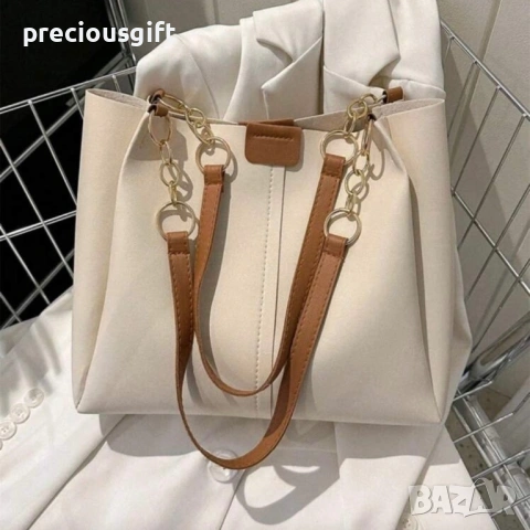 Дамска голяма кожена бежова чанта