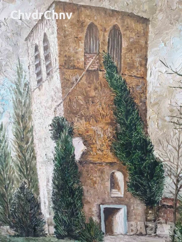 Teck 69х59см/стара картина масло върху платно/пейзаж-кула-градина/дървена рамка, снимка 3 - Картини - 51358094