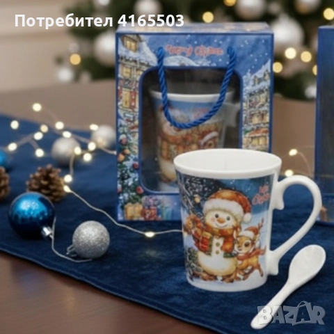 Празничен комплект за топли напитки – Керамична чаша и лъжичка в коледна опаковка, снимка 3 - Чаши - 52673209