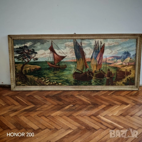 Стар гоблен Пристан в Елада. , снимка 3 - Гоблени - 54127221