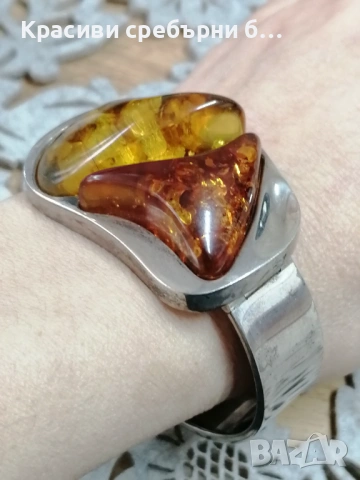  Твърда сребърна гривна с балтийски кехлибар. , снимка 8 - Гривни - 53323207