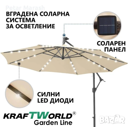 Висящ градински чадър Monaco 3м KraftWorld | Соларено LED осветление | Бежов Лукс | 220g/m², снимка 16 - Градински мебели, декорация  - 51051242