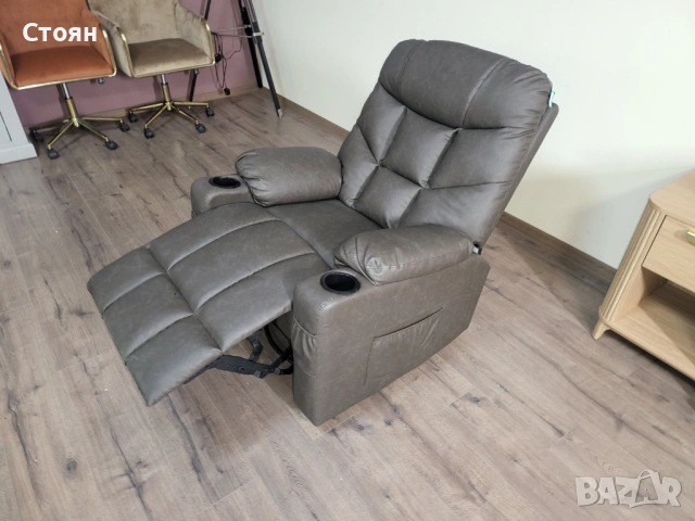 Кафяв кожен фотьойл с ръчен релакс механизъм - изкуствена кожа, снимка 5 - Дивани и мека мебел - 53712297