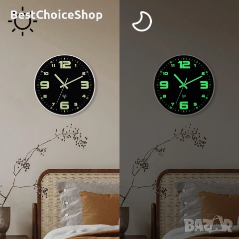 Стенен часовник - 30 см.радиоуправляем, големи светещи в тъмното цифри, безшумен, снимка 5 - Други - 54153961