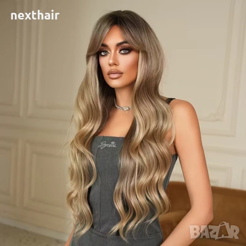 Руса омбре перука с тъмни корени и бретон - 80 см дължина, обем и вълни, снимка 4 - Аксесоари за коса - 53558667