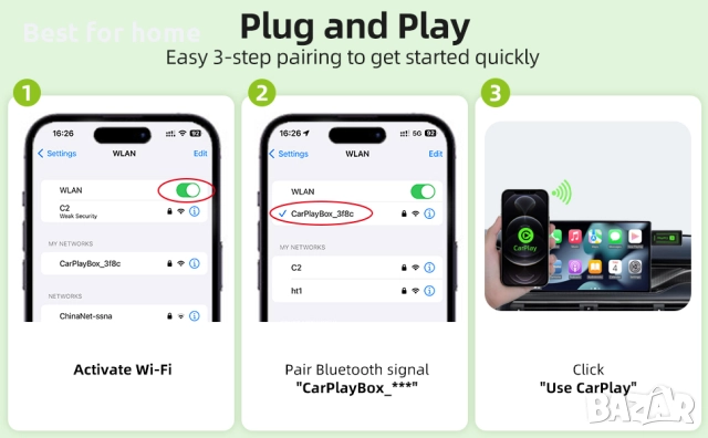Безжичен Carplay адаптер за iPhone Lyssiefeel, снимка 10 - Аксесоари и консумативи - 52953666