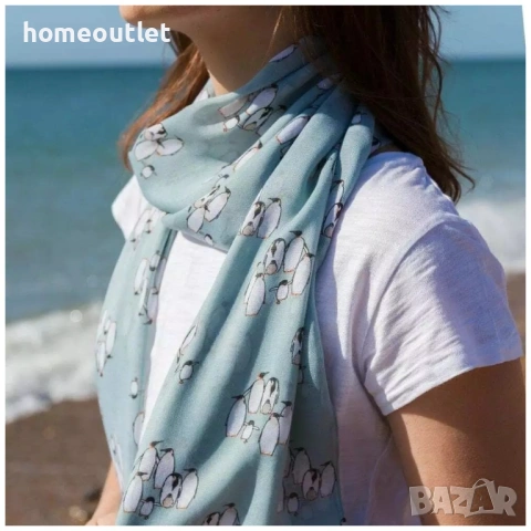 ПРОМОЦИЯ Многофункционален дамски шал в тюркоазен нюанс с принт на пингвини PEONY P-4223 DUCK EGG, снимка 3 - Шалове - 53707112