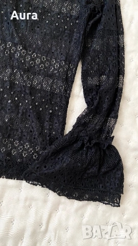 Black lace blouse high neck long sleeves with ruffled cuffs , снимка 3 - Блузи с дълъг ръкав и пуловери - 51674220