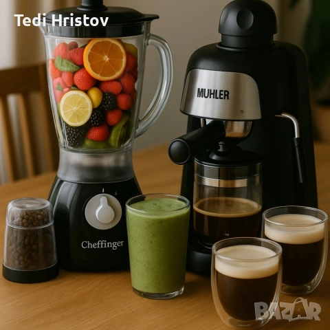 Комплект от еспресо машина MUHLER MCM-33 + 2 стъклени чаши и блендер с мелничка, снимка 2 - Кафемашини - 52544431