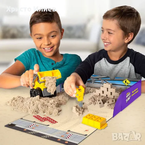 Комплект моделиращ пясък Kinetic Sand Несъхнещ пясък Кинетичен пясък Строеж с багер, снимка 2 - Пластелини, моделини и пясъци - 48810788